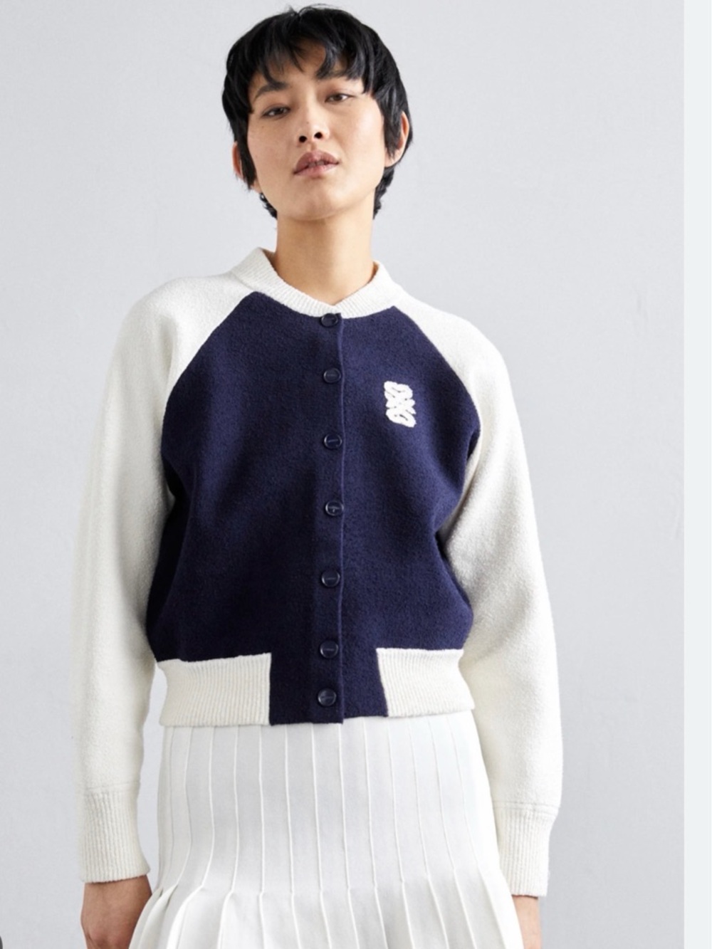 Sandro Navy and Cream Two-Tone Varsity Button Cardigan